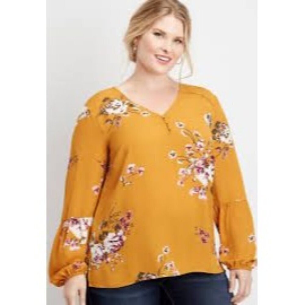 Maurices Women’s Floral Blouse Size 2X Yellow Long Sleeve Pullover Cottagecore